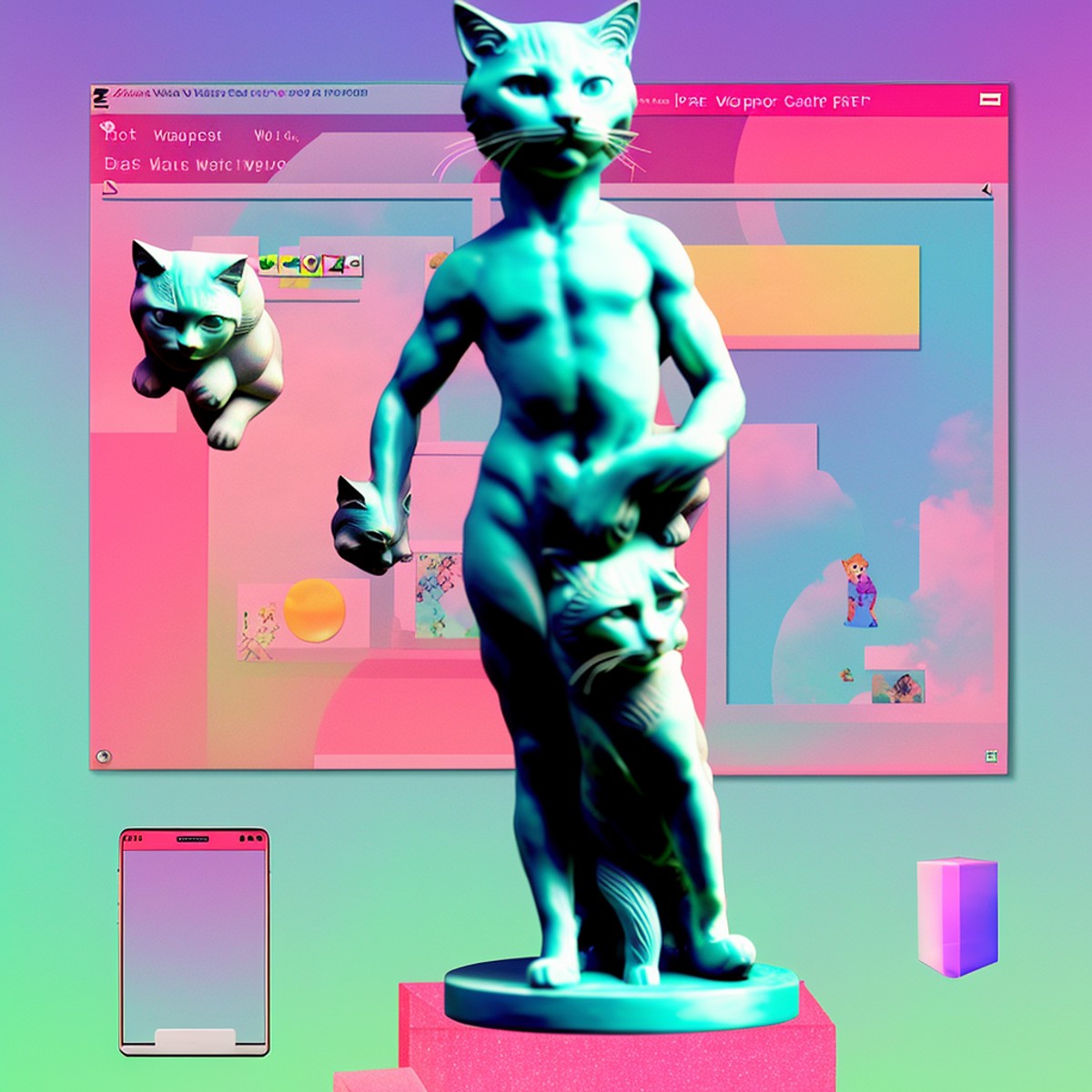 a vaporwave screenshot of a statue of a cute cat